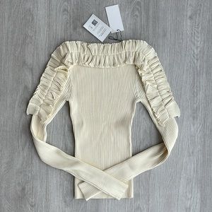 NWT! 7 For all mankind cream color knit sweater with lace detail, boat neck